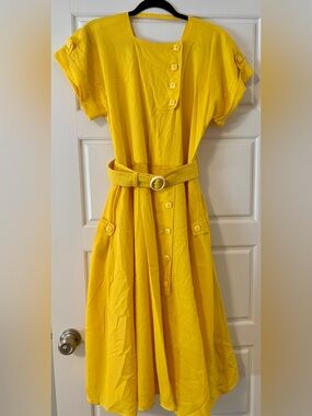 Vintage Yellow Button-Front Belted Dress